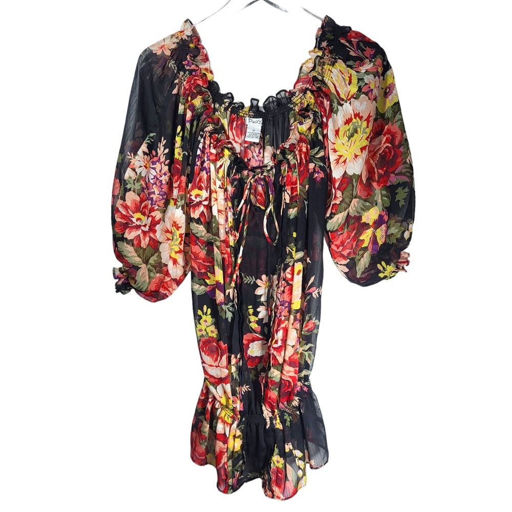 🔥🔥 2 for $15🔥🔥 Pinky Sheer Floral Peasant Puff Sleeve Blouse in Black/Multicolor